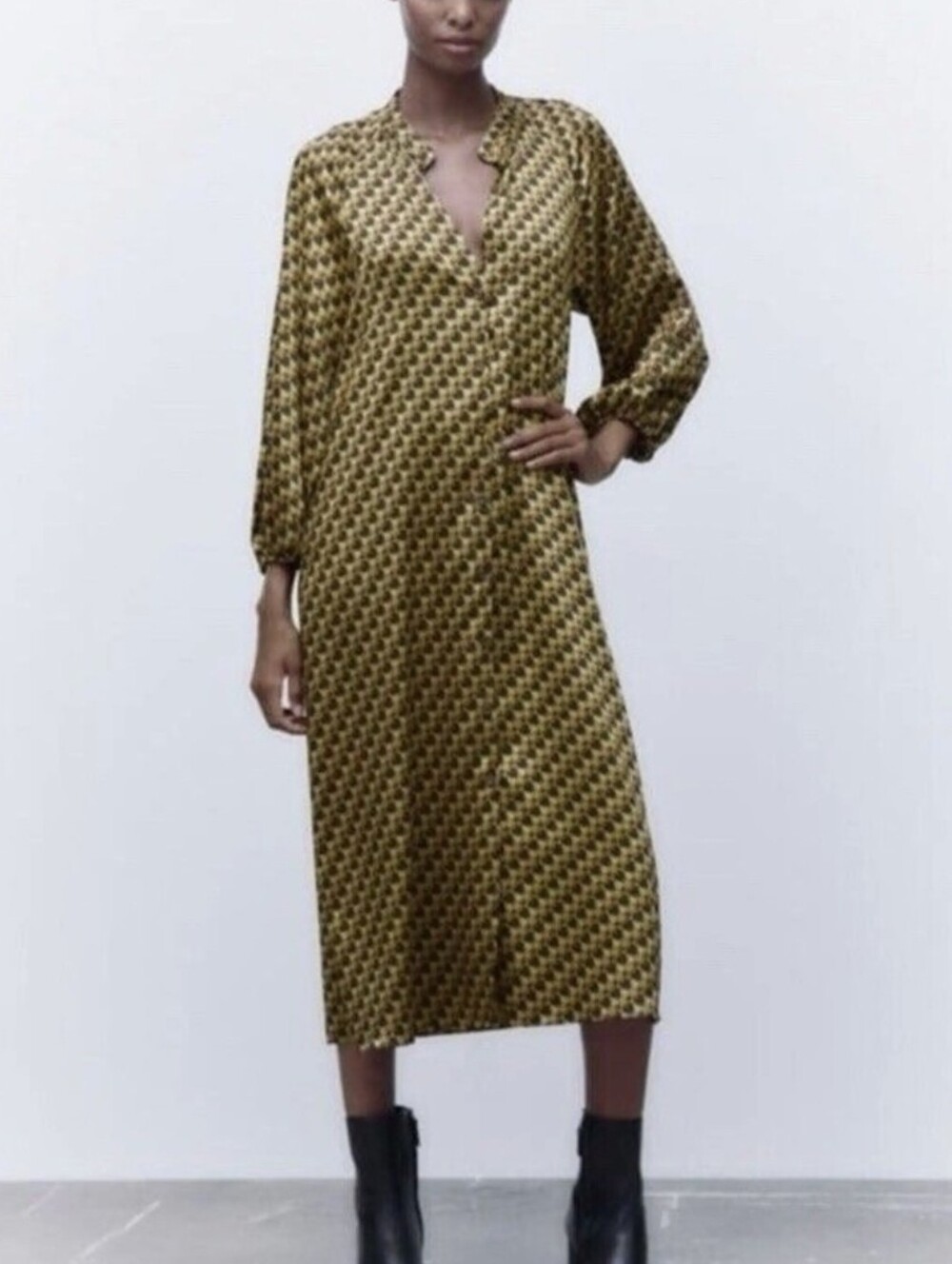 ZARA Geometric Print Long Sleeve Midi Shirt Dress Yellow Black Blue Large L